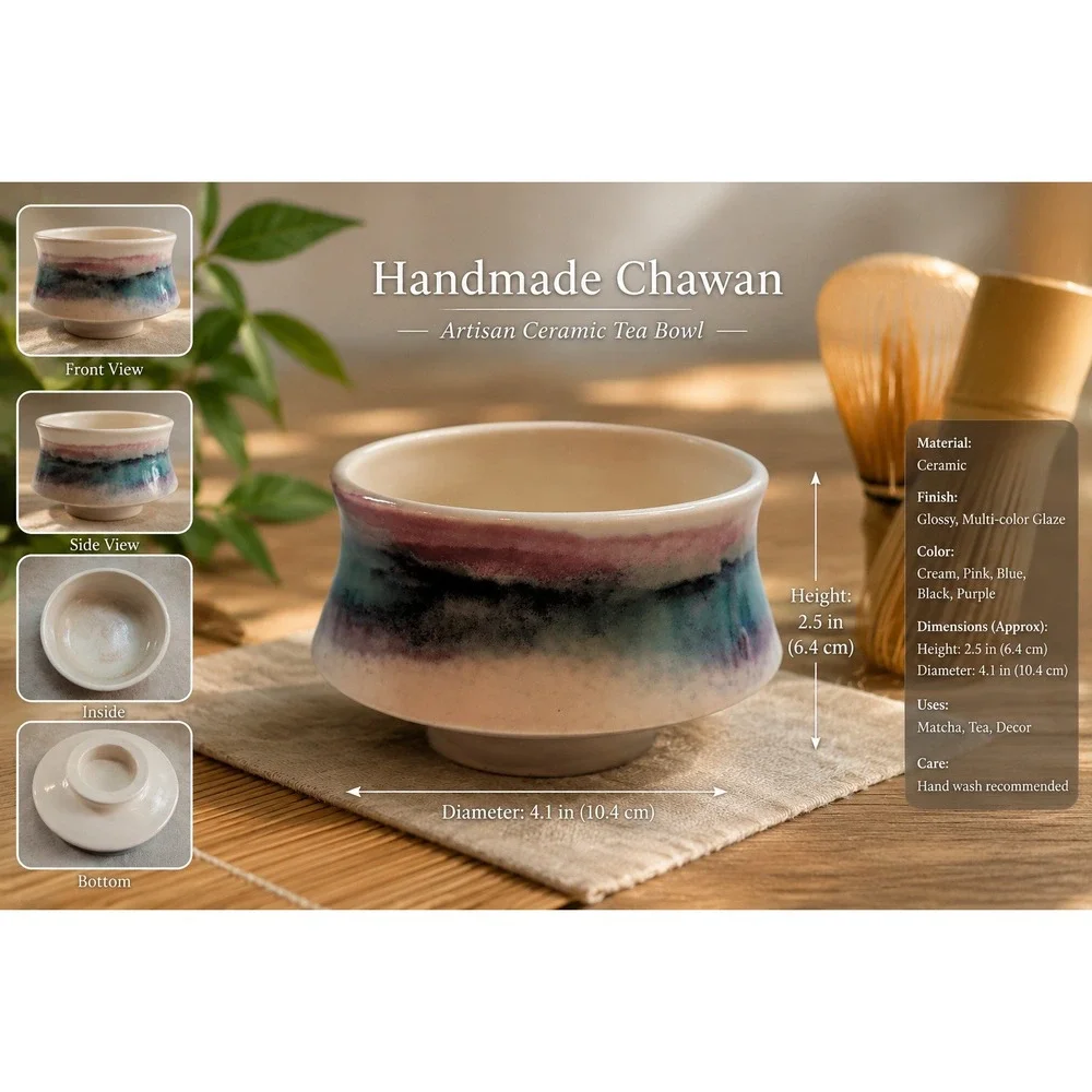 Vintage Studio Pottery‎ Tea Bowl Glazed Ceramic Small Planter Purple Blue Cream